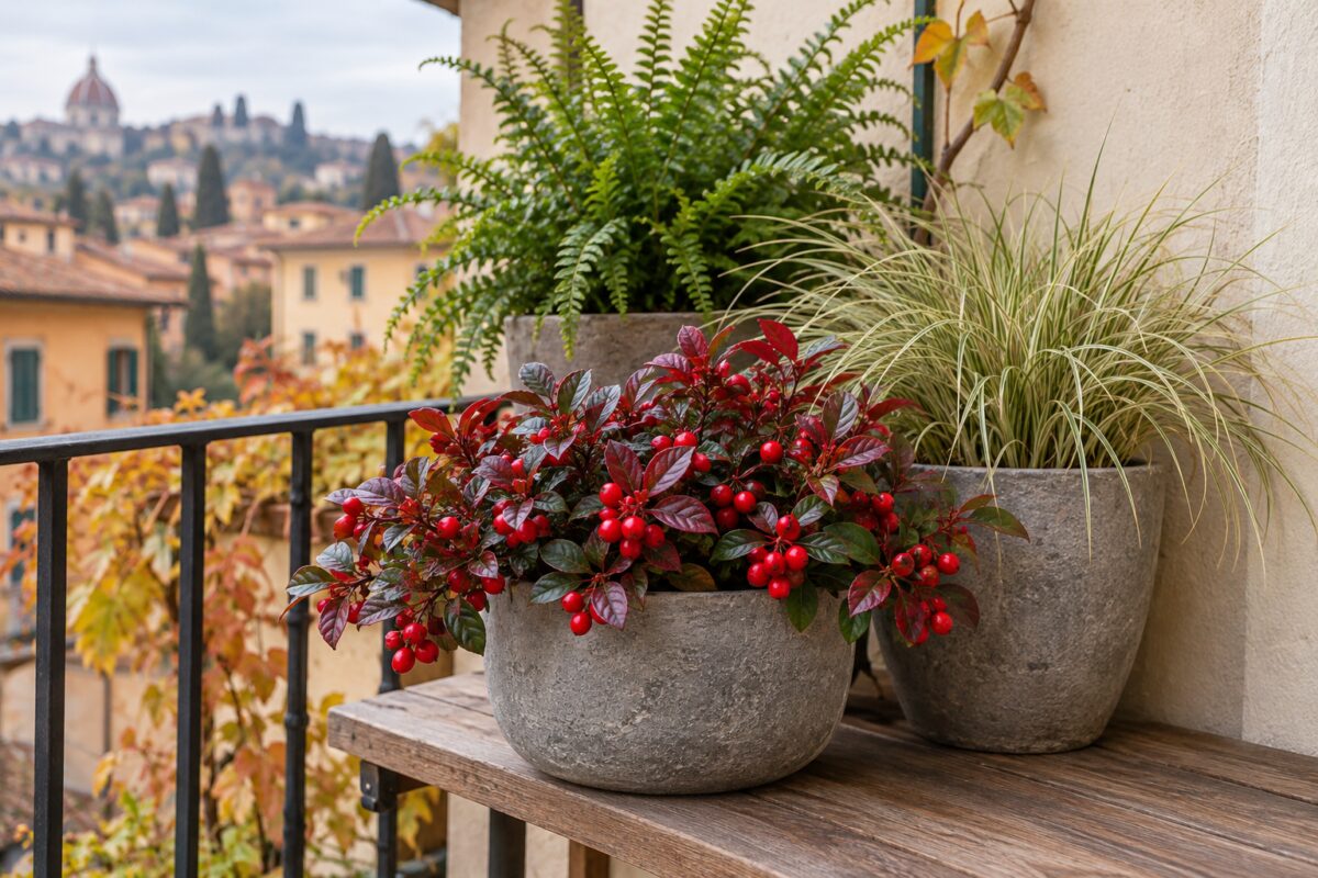 Gaultheria, Carex e felce in vasi separati su un piccolo balcone