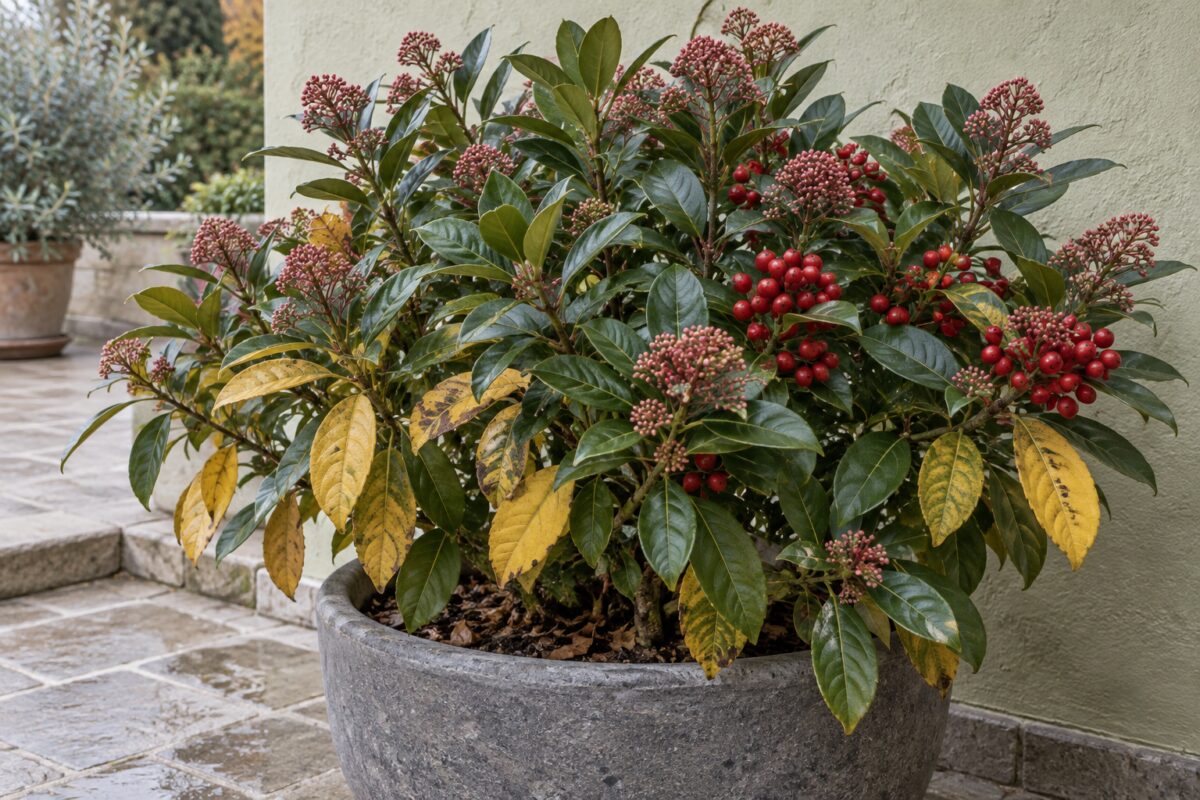 Skimmia japonica in vaso con foglie gialle, bacche rosse e boccioli in autunno