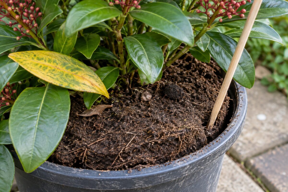Controllo della zolla asciutta di una Skimmia con uno stecchino di legno
