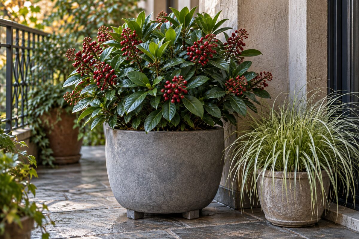 Skimmia japonica sana in vaso grigio su un balcone ombreggiato