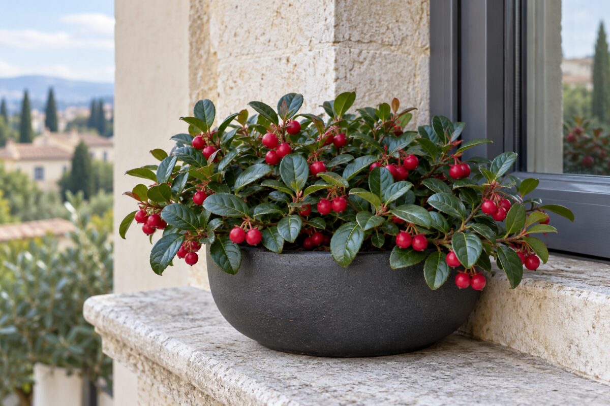 Gaultheria procumbens con foglie lucide e bacche rosse in ombra luminosa