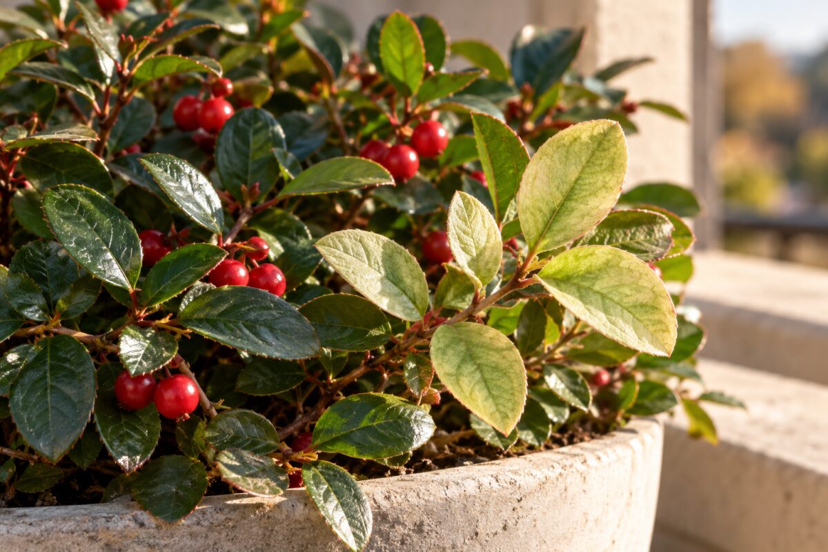 Foglie pallide su Gaultheria procumbens esposta al sole del pomeriggio