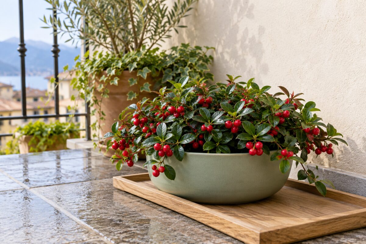 Gaultheria con foglie verdi e bacche rosse su un balcone in mezzombra