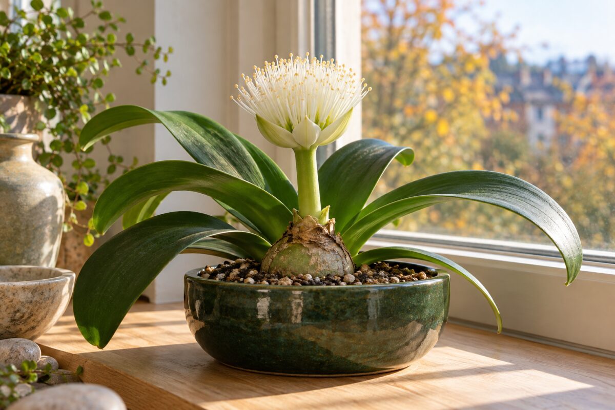 Haemanthus albiflos, il fiore a pennello che illumina il davanzale in autunno