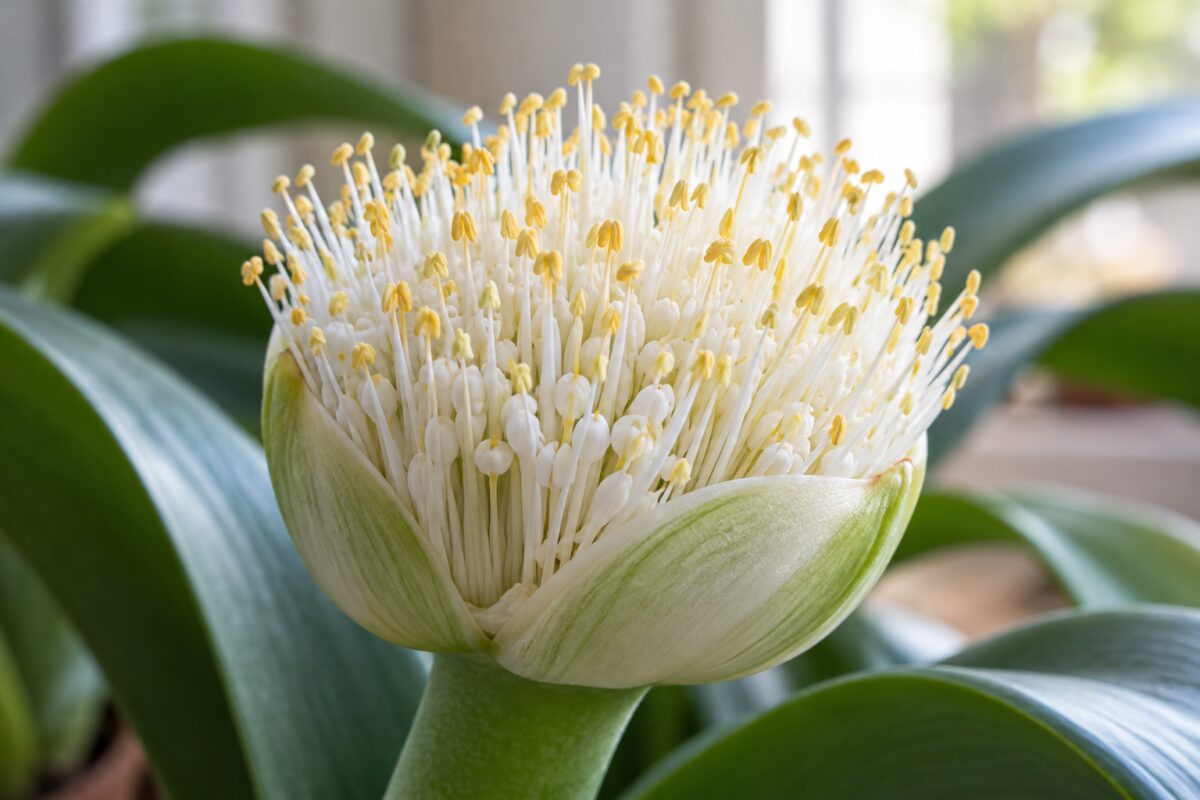 Dettaglio del capolino bianco a pennello dello Haemanthus albiflos
