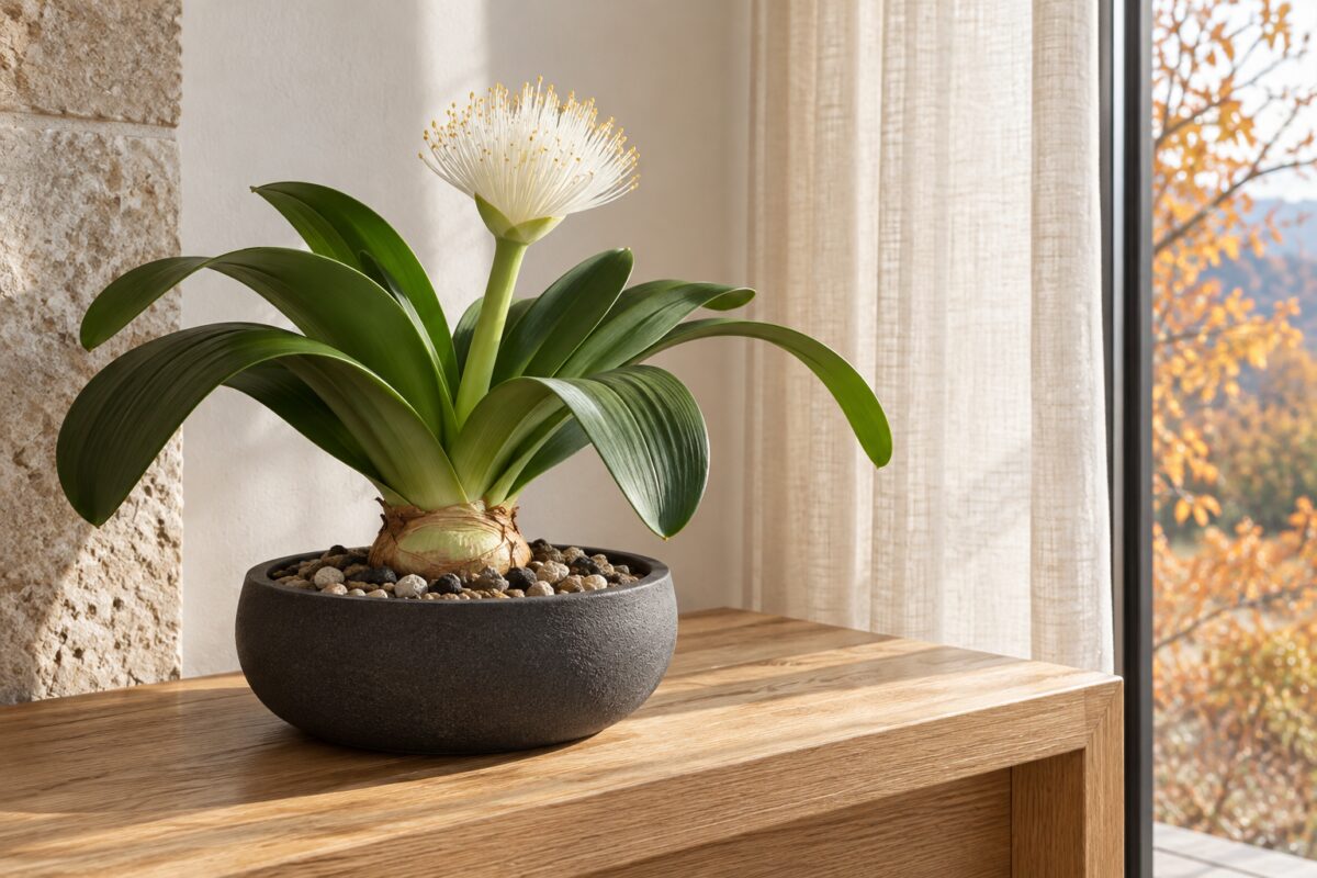 Haemanthus albiflos in vaso basso su una consolle accanto alla finestra
