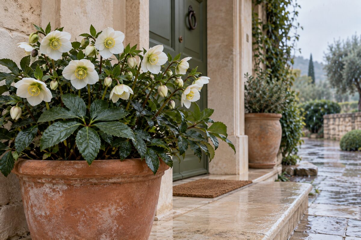 Helleborus niger vicino all’ingresso: come posizionare il vaso per proteggere i fiori bianchi dalla pioggia