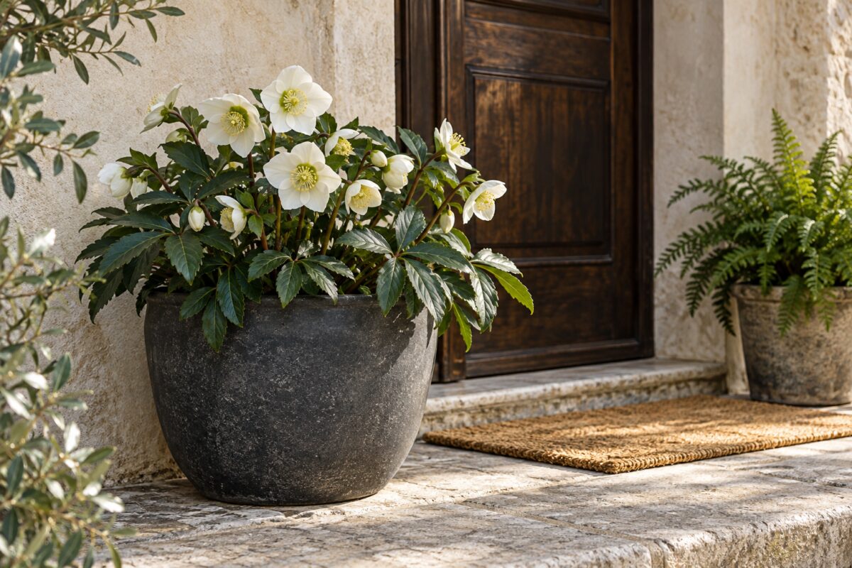 Composizione con Helleborus niger in vaso grafite all'ingresso