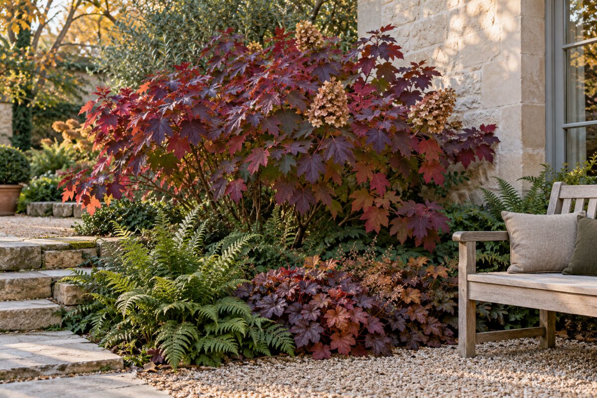 Hydrangea quercifolia come fondale di una seduta esterna in giardino