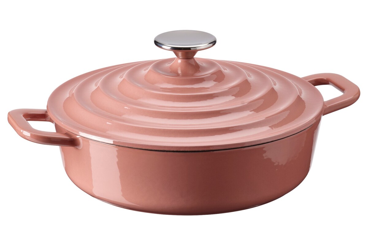 Dettaglio del coperchio della pentola IKEA VARDAGEN in ghisa smaltata rosa