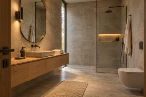Il brutalismo si scalda in bagno quando cemento, legno e luce bassa lavorano insieme