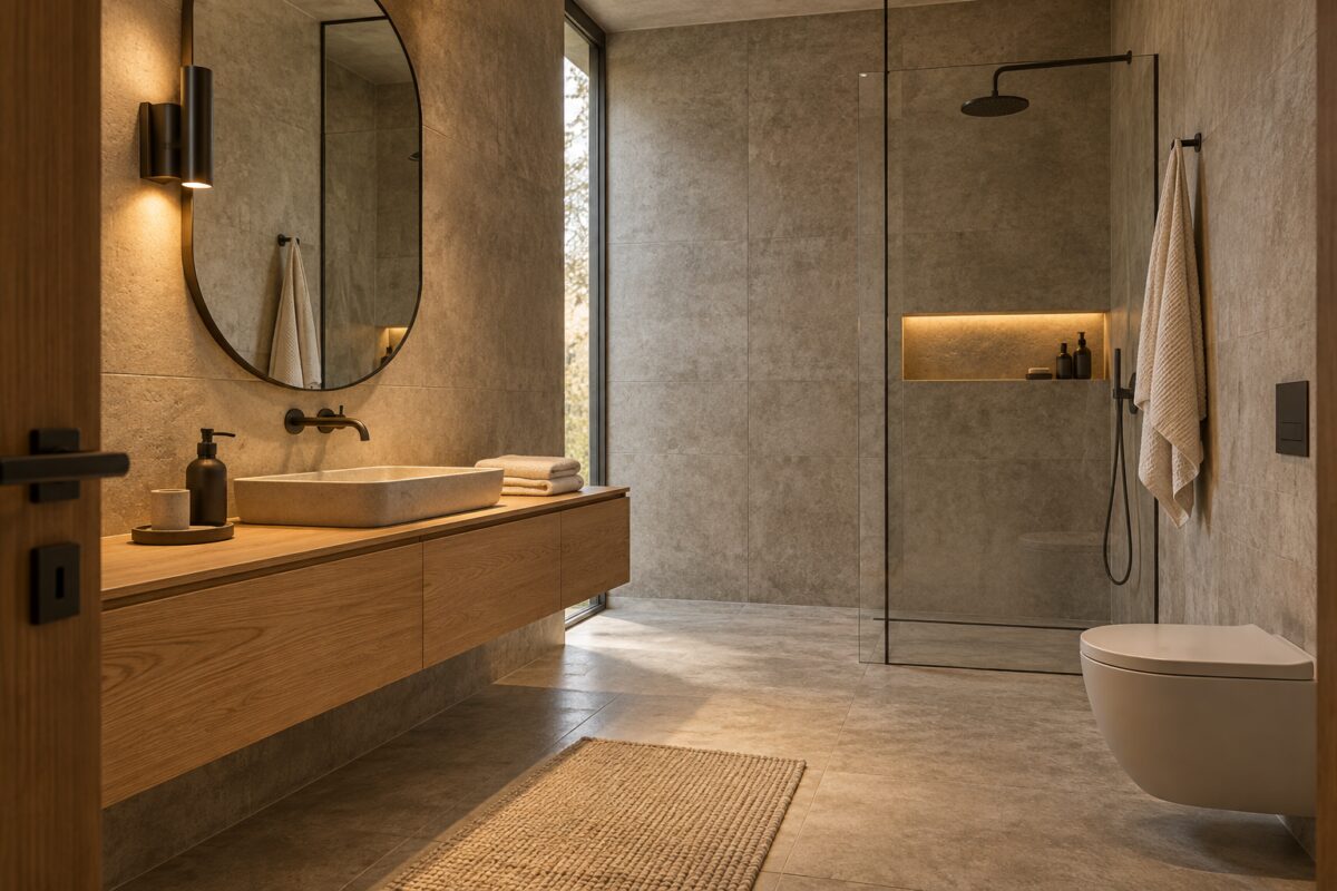 Il brutalismo si scalda in bagno quando cemento, legno e luce bassa lavorano insieme