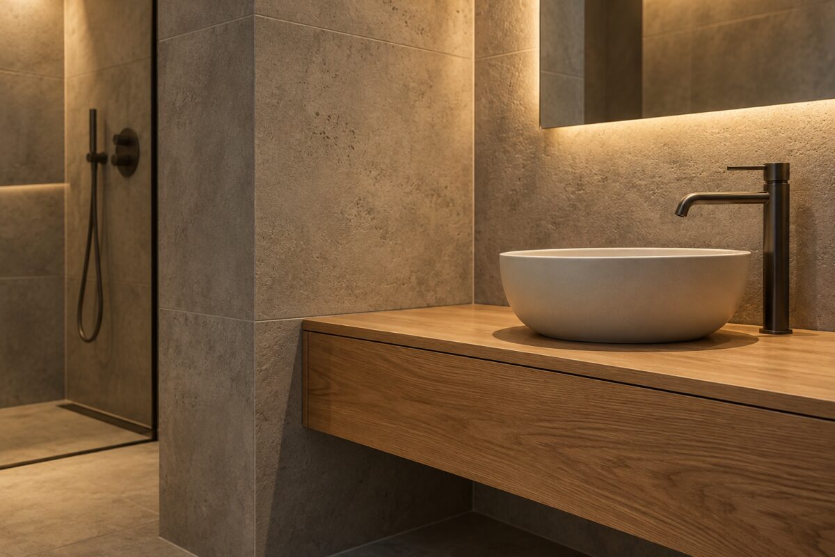 Dettaglio del gres effetto cemento accanto al mobile lavabo in rovere con illuminazione radente calda