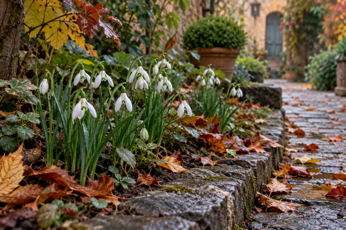 Galanthus reginae olgae in fiore lungo un camminamento coperto di foglie autunnali