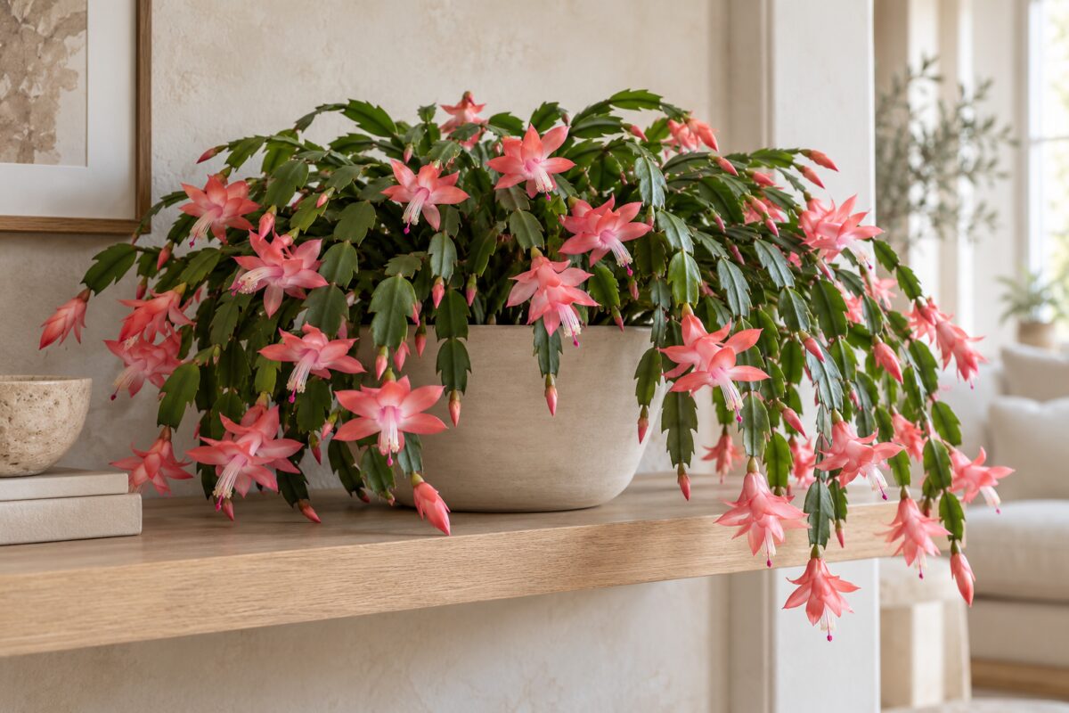 Schlumbergera truncata fiorita con corolle rosa su una mensola in legno chiaro
