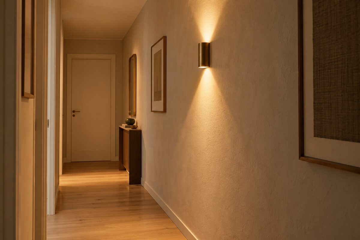 Applique compatta a 175 centimetri con luce calda radente su parete chiara