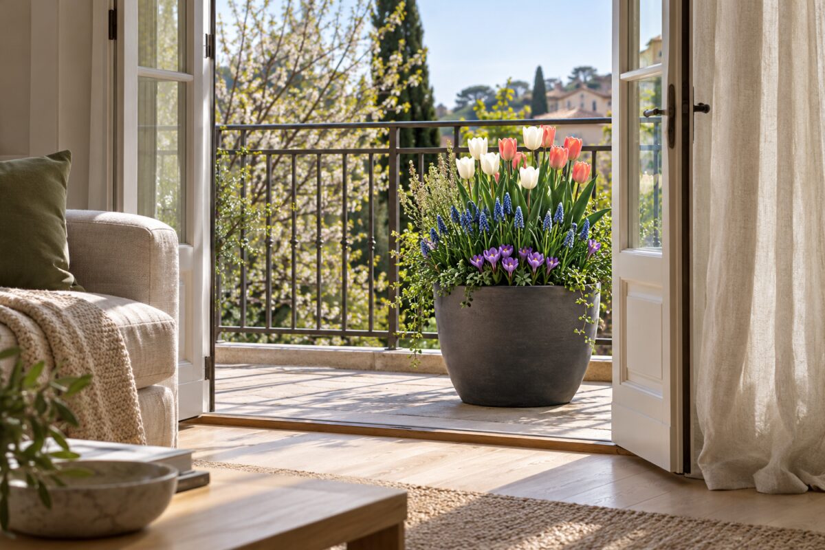 Tulipani, muscari e crochi in un vaso a strati visibile dal soggiorno
