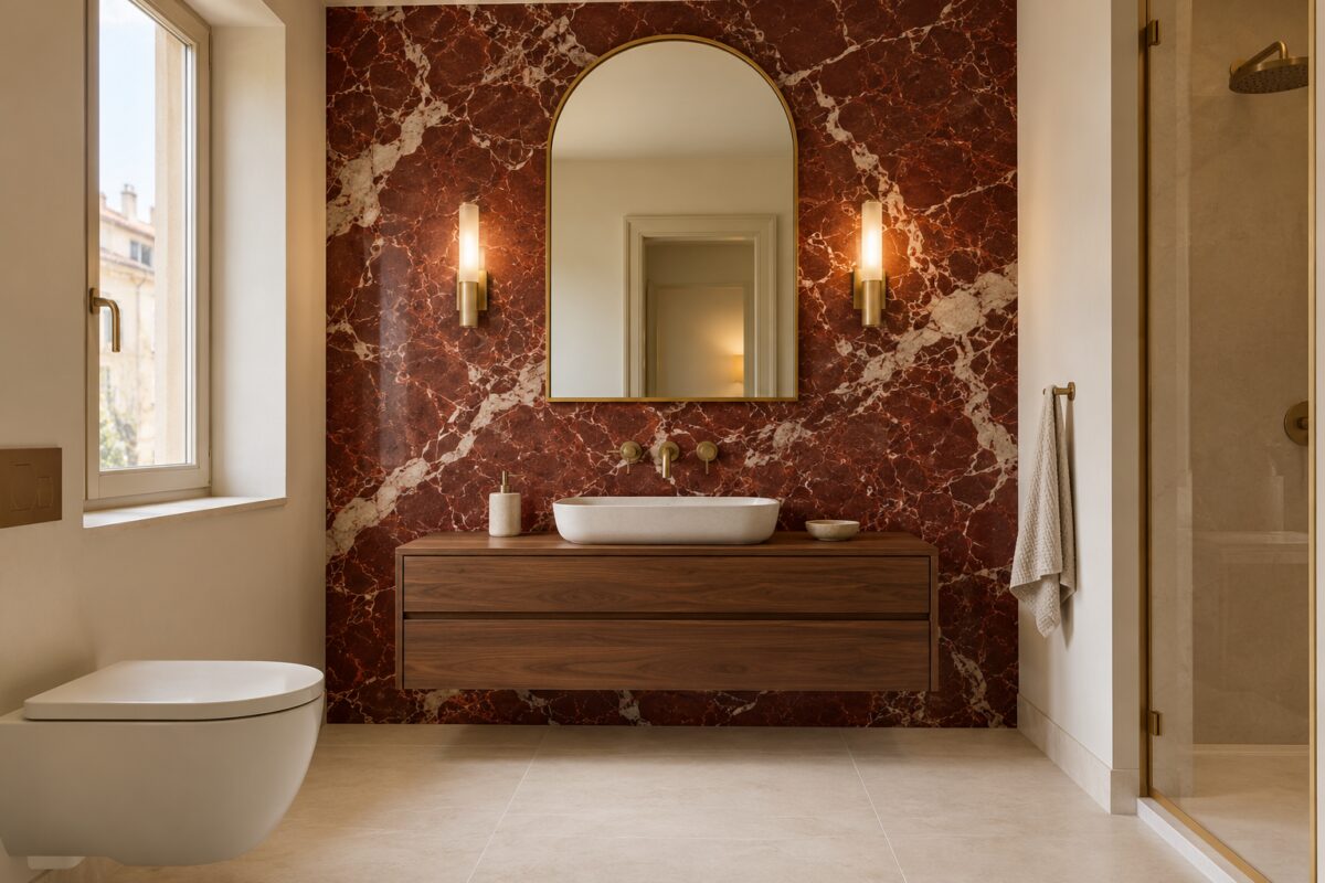 Il Neodéco in bagno non ha bisogno di oro ovunque, bastano marmo rosso e ottone