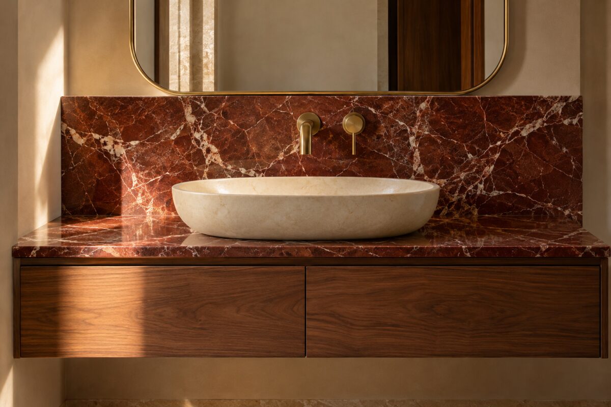 Dettaglio del lavabo con alzata in marmo rosso, rubinetto in ottone satinato e mobile in noce