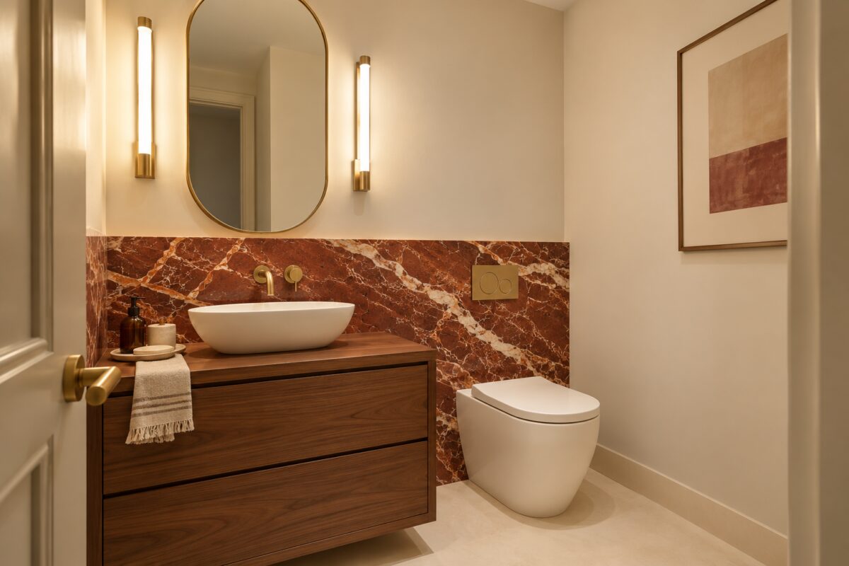 Bagno cieco illuminato a 2700 K con rivestimento basso in marmo rosso e pareti avorio