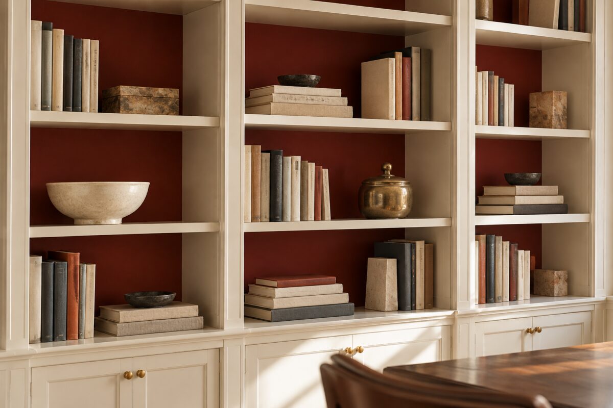 Dettaglio dei ripiani chiari con retro rosso cuoio, libri e ceramiche