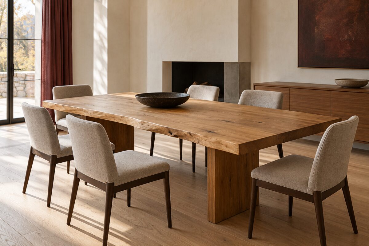 Tavolo in rovere con bordo vivo e sei sedie in una sala da pranzo contemporanea