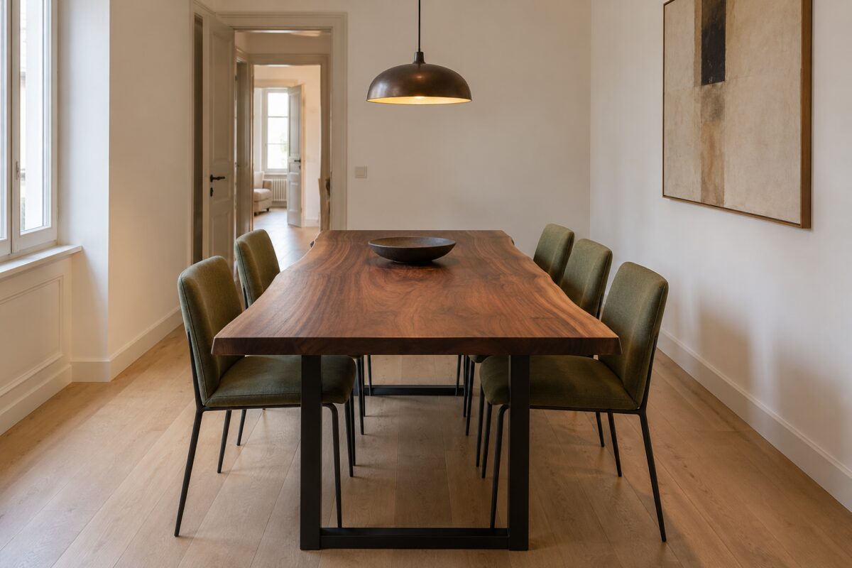 Tavolo in noce con bordo vivo e passaggio libero in una sala da pranzo stretta