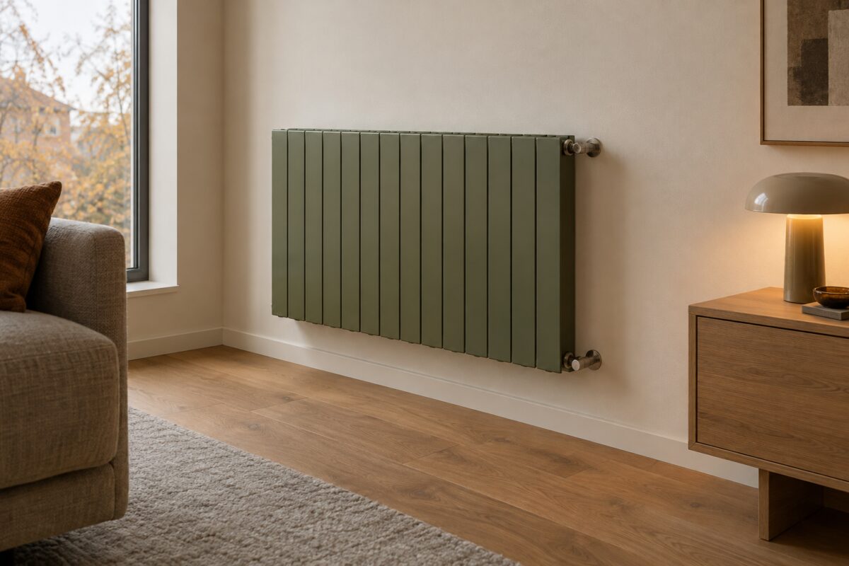 Radiatore verde oliva con finitura satinata in un soggiorno chiaro con pavimento in rovere