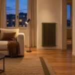 Soggiorno compatto al tramonto con termosifone verde oliva e illuminazione calda