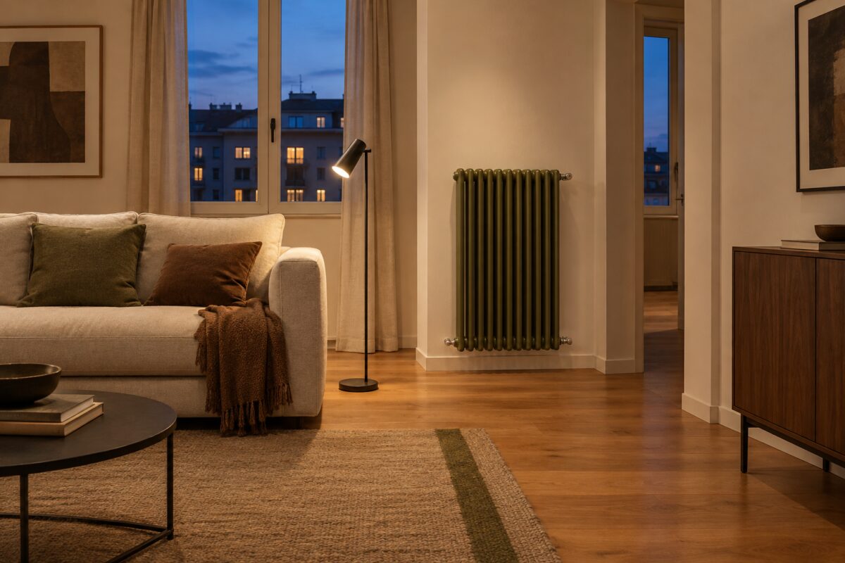 Soggiorno compatto al tramonto con termosifone verde oliva e illuminazione calda