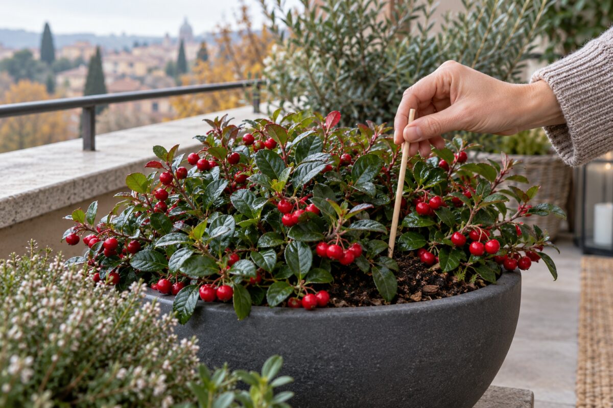 Gaultheria procumbens in vaso con stecchino di legno per controllare l'umidità