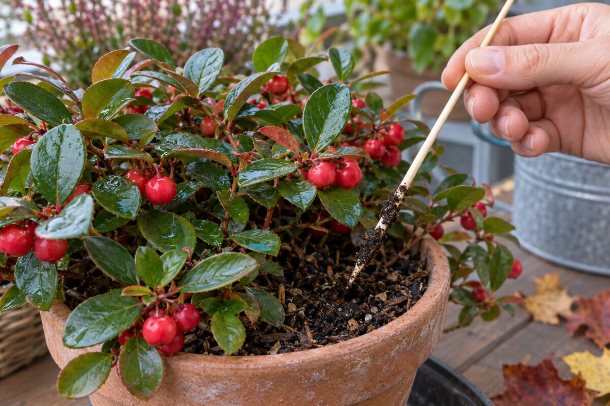 Stecchino con terriccio umido accanto a una Gaultheria con bacche rosse