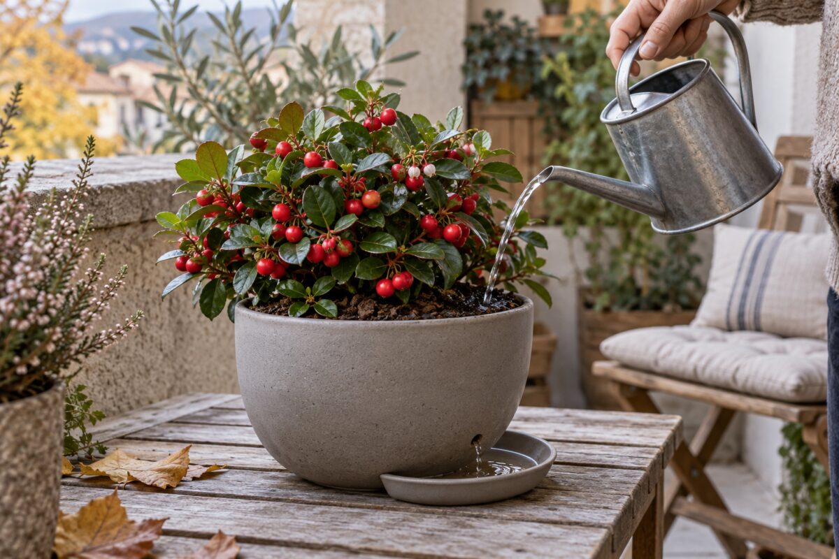 Gaultheria in vaso bagnata lentamente con drenaggio nel sottovaso