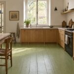 Cucina luminosa con pavimento in legno dipinto verde sedano