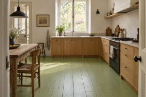 Il verde sedano entra in cucina dal pavimento, così il legno segnato torna protagonista