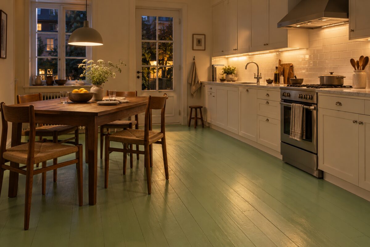 Cucina con pavimento verde sedano illuminata da luce calda serale