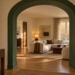 Arco verde inglese tra ingresso e soggiorno con pareti avorio e luce calda autunnale