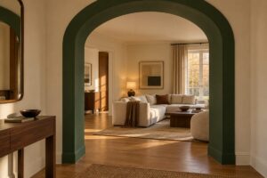 In autunno basta un arco verde inglese per dare profondità al soggiorno