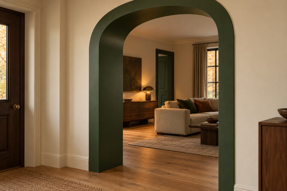 Dettaglio della finitura satinata verde inglese sulla curva e sulle spallette dell’arco