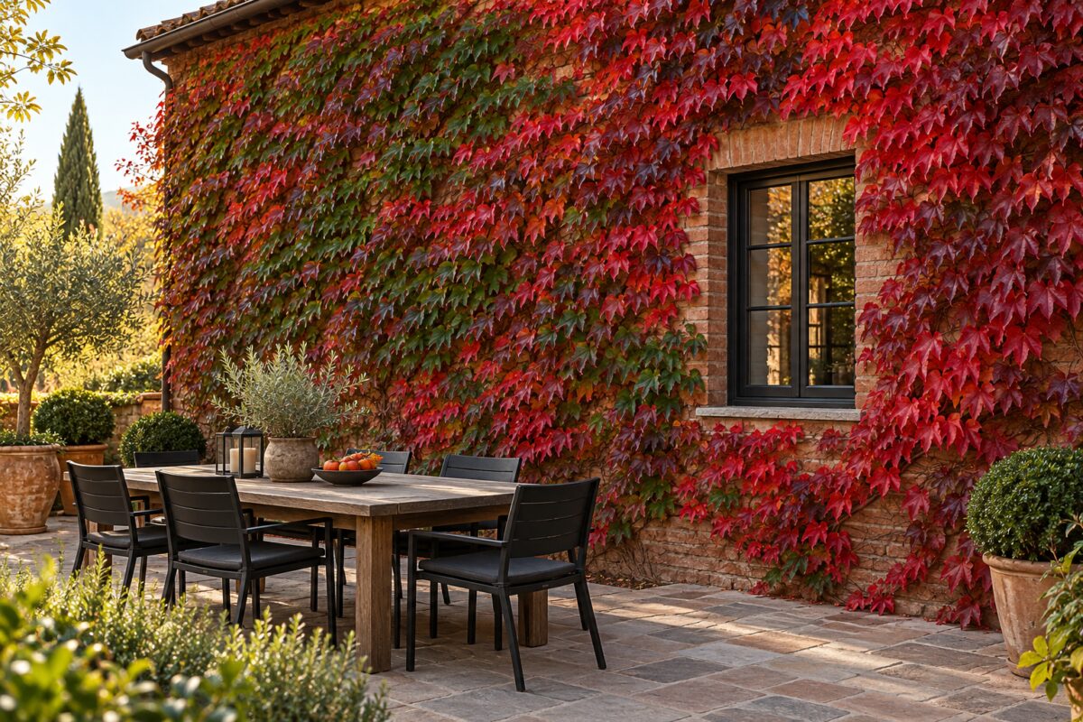 Parthenocissus tricuspidata rossa e cremisi su una parete in mattoni accanto alla zona pranzo