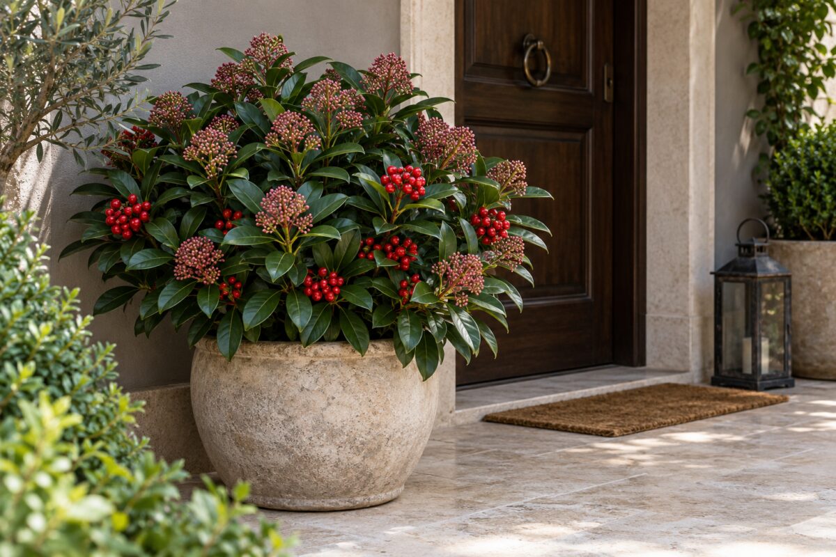 Skimmia japonica in vaso che illumina un ingresso esterno ombreggiato