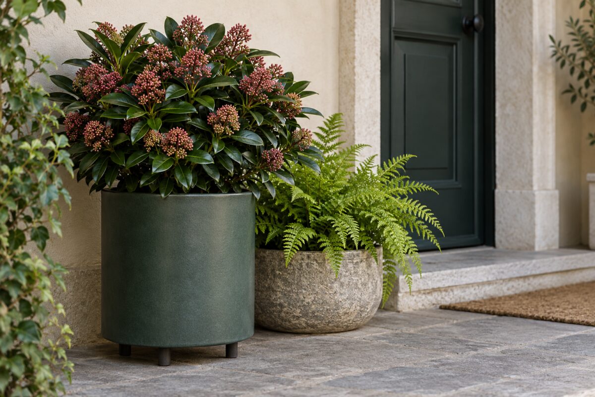 Composizione di Skimmia japonica e felce in vasi di altezze diverse