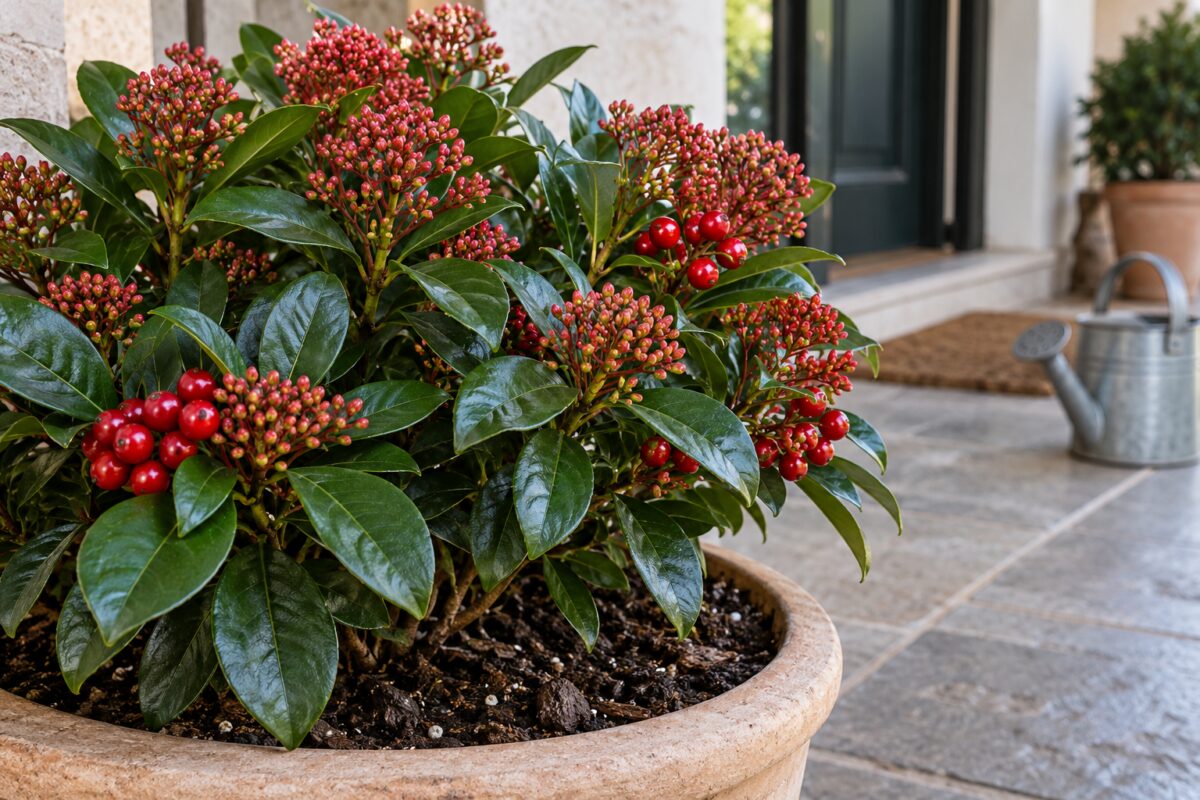 Foglie lucide, boccioli rosati e bacche rosse della Skimmia japonica