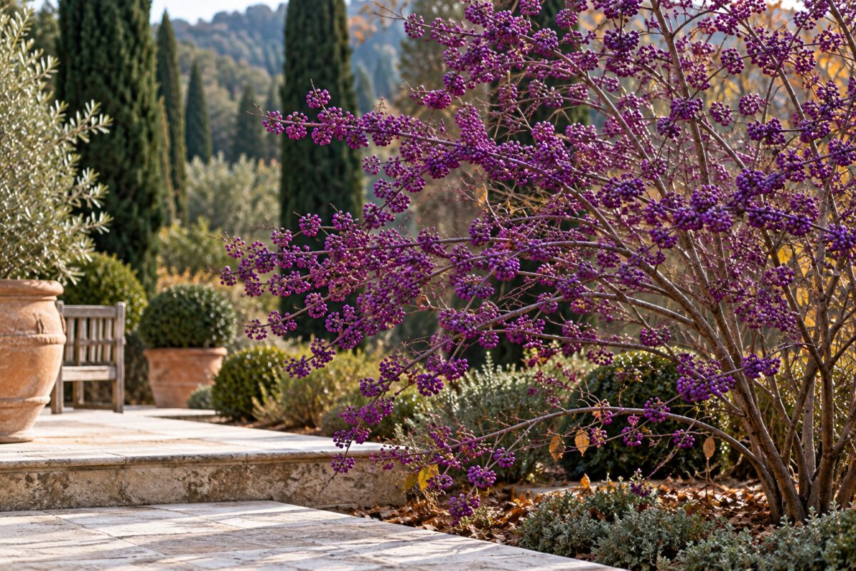Callicarpa con rami quasi spogli e bacche viola in un giardino autunnale