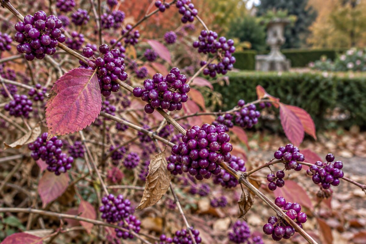 Grappoli di bacche viola della Callicarpa su rami con poche foglie porpora