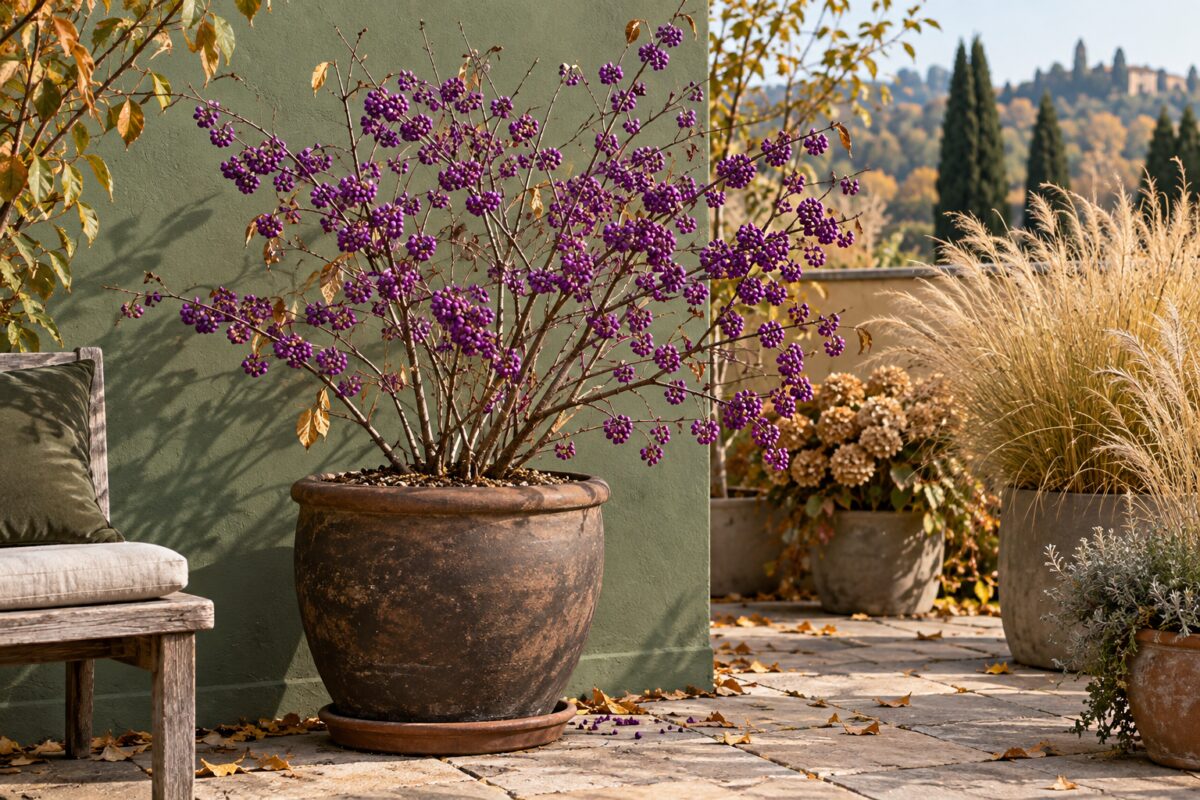 Callicarpa in vaso di terracotta su un terrazzo con parete verde salvia