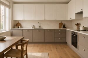 La cucina tutta bianca acquista profondità con le sole basi color taupe argilloso