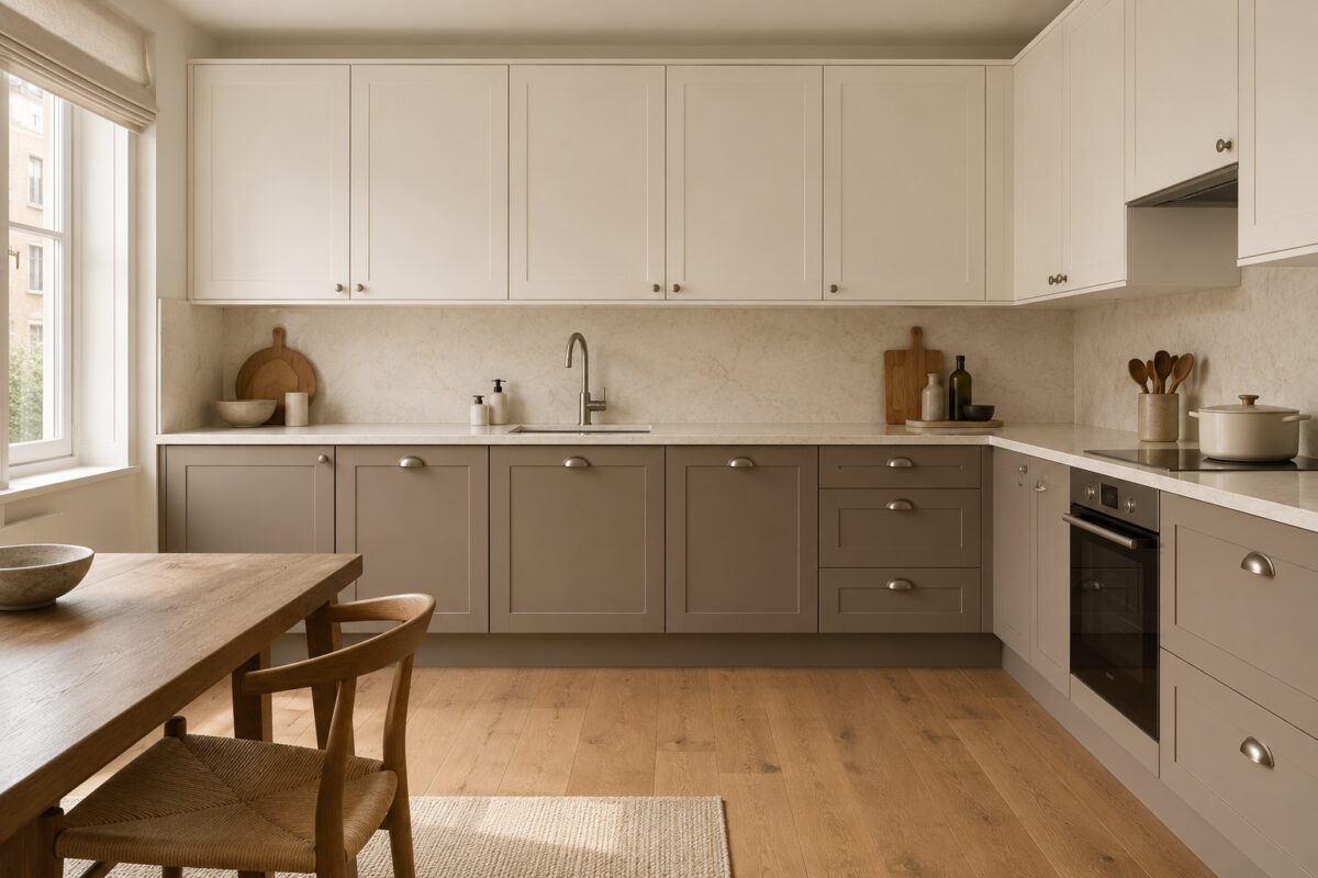Cucina bianca con basi color taupe argilloso e pensili chiari