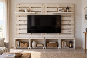 La parete TV DIY con cassette di legno e pallet con un tocco shabby