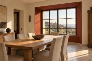 Sala da pranzo chiara con vano finestra dipinto color castagna